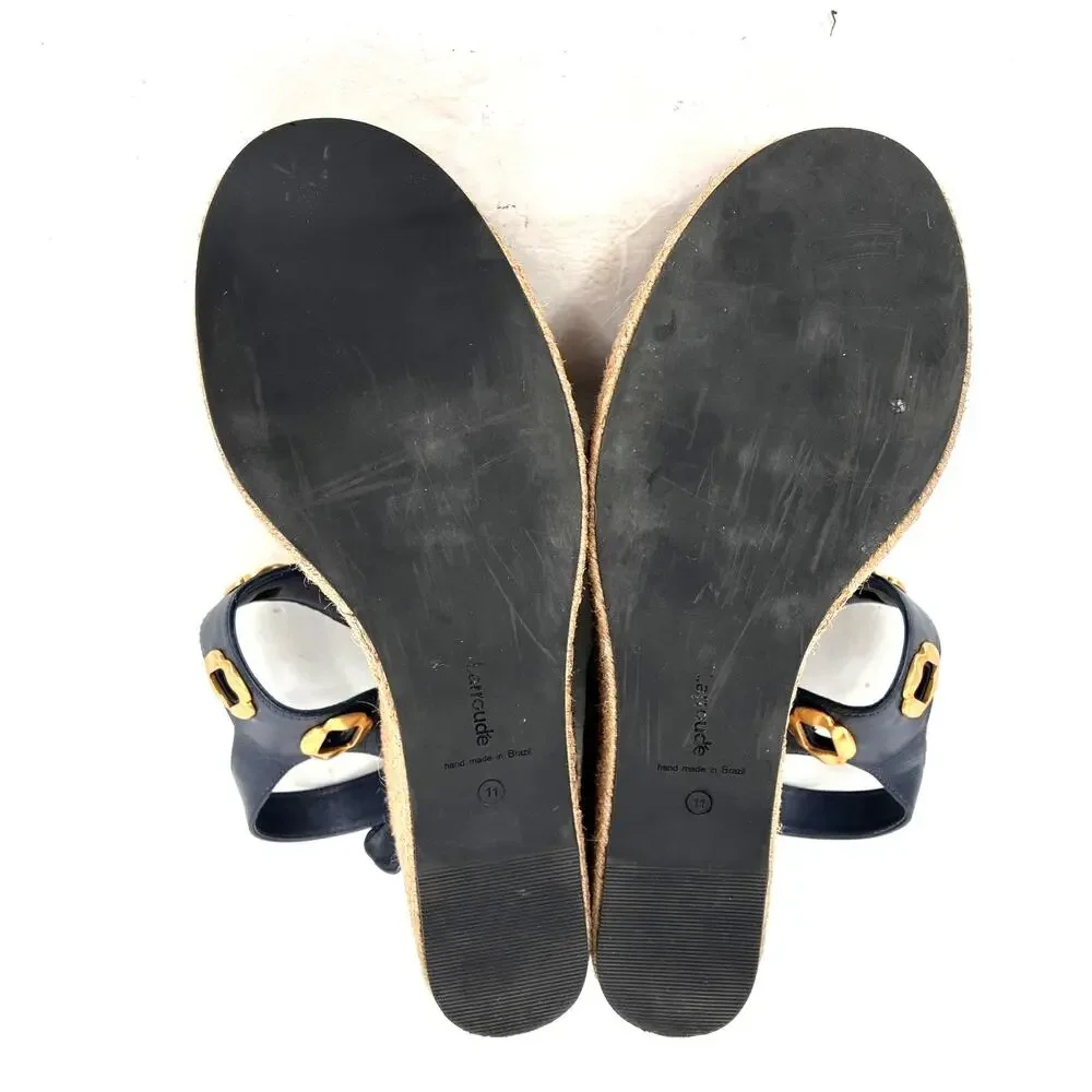 Larroudé Milan Espadrille Wedge Sandals Navy Blue Leather Women's 11